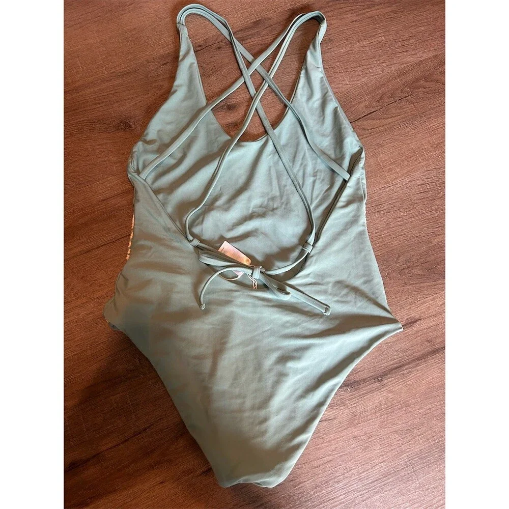 Tori Praver Swimwear One Piece Swimsuit Womens S Sage Green Smocked